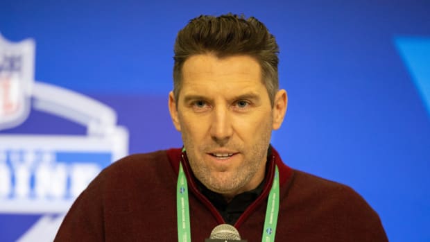 Feb 27, 2024; Indianapolis, IN, USA; Washington Commanders general manager Adam Peters talks to the media at the 2024 NFL Combine at Indiana Convention Center.